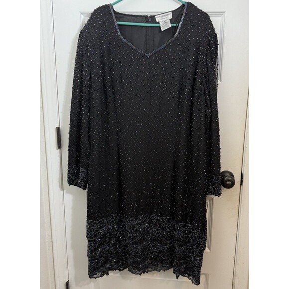 Party Dress Vintage Papell Boutique Beaded Floral Tiered Midi 22W Black NWT - Picture 1 of 10